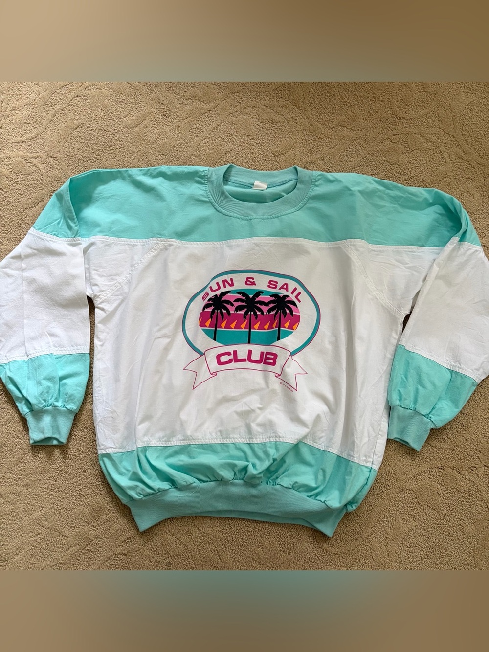 Sun & Sail Club Mint and White Colorblock Sweatshirt 1987 Sz L